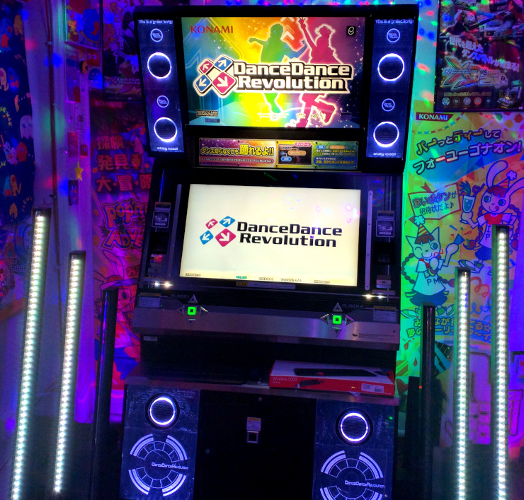 A HD Dance Dance Revolution cabinet that I restored, and both wrote drivers & created replacement microcontrollers for.